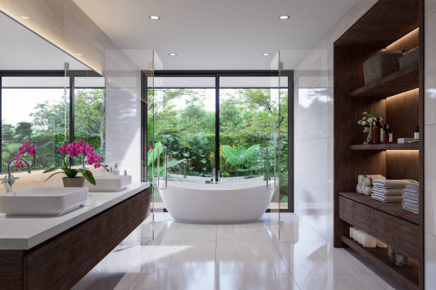 istock Modern white bathroom with clear glass partition separating dry and wet areas 3d render 2149853898