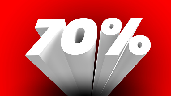 70 percent sign. 3d letter. Red background.