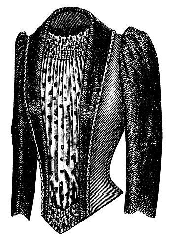 A 1890s Victorian style fashion, ladies basque bodice with polka-dot blouse. Vintage photo etching circa 19th century.