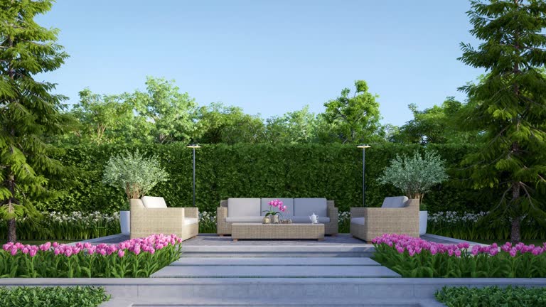 Animation of empty stone plaza for copy space with steps to terrace and nature view background 3d render