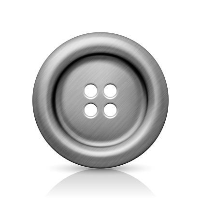 Vector Grey Metal Golden Color Four Hole Clothes Button Closeup, Isolated on White Background. Round Button, Front View.