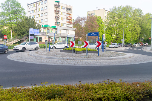 Trzebnica, Poland - April 9, 2024: Roundabout with star. Roundabout Europe Union in Trzebnica.