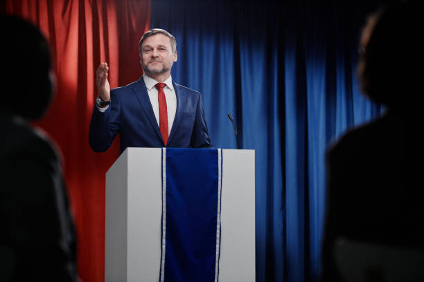 istock Mature deputy making speech by platform 2149856994