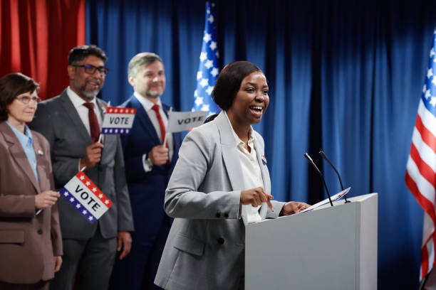 istock Politician making voting campaign speech 2149857038