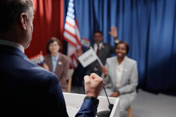 istock Politician keeping punch over platform 2149857057