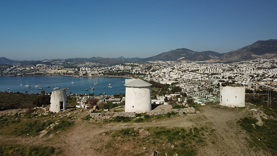Aerial view of the ruins of Bodrum's historic windmills and the Aegean Sea. Bodrum Mugla Turkey