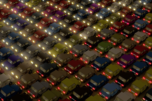 Vehicles stuck in traffic jam, heavy traffic in city, rush hour as commuters return home, concept traffic jam, rush hour, commuters, vehicles, city gridlock at night