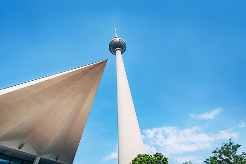 low angle view of Berlin communications tower against sunny sky Berlin, Germany