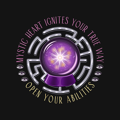 Label with text, labyrinth, magic crystal ball with flashes inside. Glowing glass orb with light inside for clairvoyant witchcraft. Prediction, occult, mystical concept. Not AI