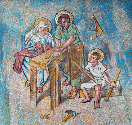 Milan - The mosaic of Holy Family in the church Chiesa di Santa Rita da Cascia designed by pater P.Leo Coppens and made by G.B.Salerno