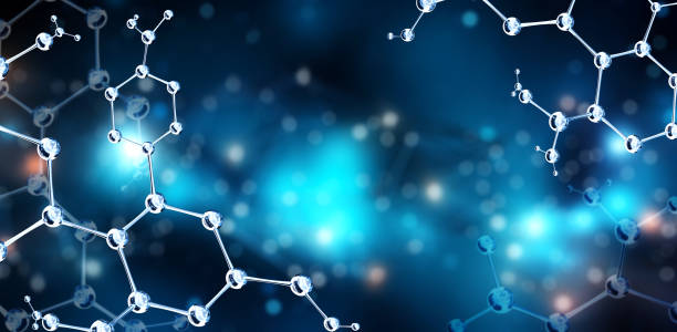 istock Horizontal banner with model of abstract molecular structure. Background of blue color with glass atom model. Copy space for your text. 3d render 2149858896