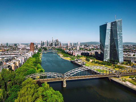 aerial view of Frankfurt, showcasing the iconic EZB tower against a clear blue sky