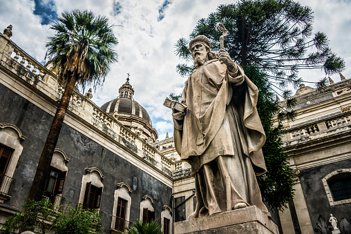 Low Angle View Of Statue of Saint Leo Near Saint Agatha In Catania, Sicily, Italy