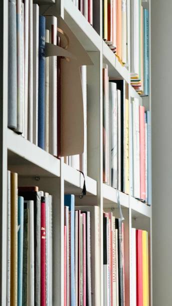 istock Library book shelves, white wood, seen from the side 2149861630