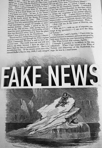 Fake news text lying on an old book page of 1854 with an iceberg illustration