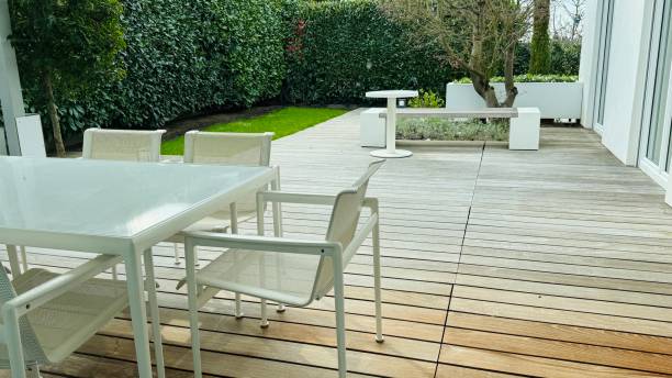 istock Patio with tables and chairs, bench 2149862259