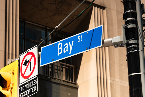 Bay Street direction sign in the financial centre of Toronto Canada