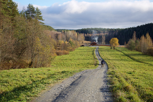 A picturesque country road leading to a lakeside house amidst autumn trees.