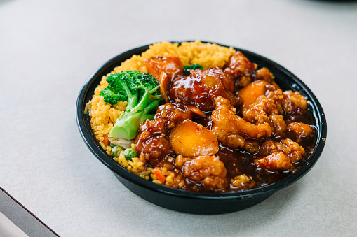 Orange Chicken & Rice to-go Chinese in a Plastic Reusable Container