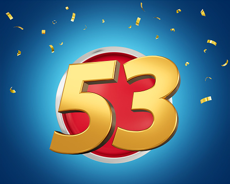 Gold Number 53 Gold Number Fifty Three On Rounded Red Icon with Particles, 3d illustration