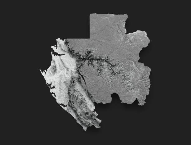 Gabon Map white Shaded relief Color Height map on black Background 3d illustration\nSource Map Data: tangrams.github.io/heightmapper/,\nSoftware Cinema 4d