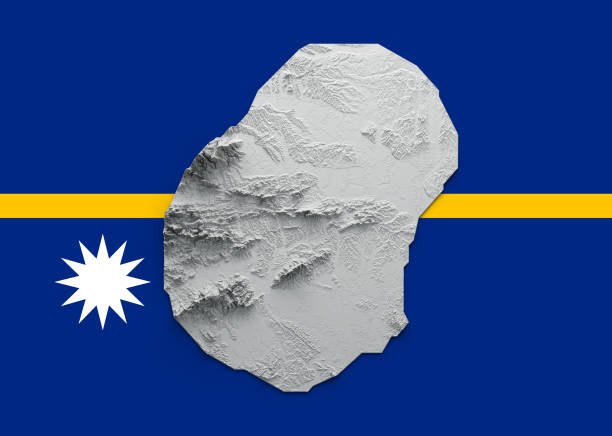 3d Nauru Map Black And White Shaded Relief Hypsometric Map On Nauru Flag Background 3d illustration\nSource Map Data: tangrams.github.io/heightmapper/,\nSoftware Cinema 4d