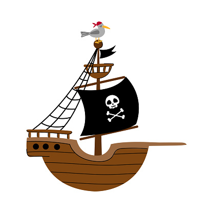 A cute vector illustration of a pirate ship. Wooden boat with black sails. Isolated on white.