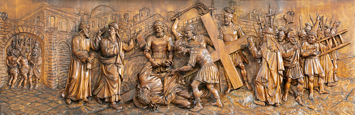 Milan - The carved relief of Fall of Jesus under the cross in the church Chiesa di San Camillo by Annibale Pagnoni (1900).