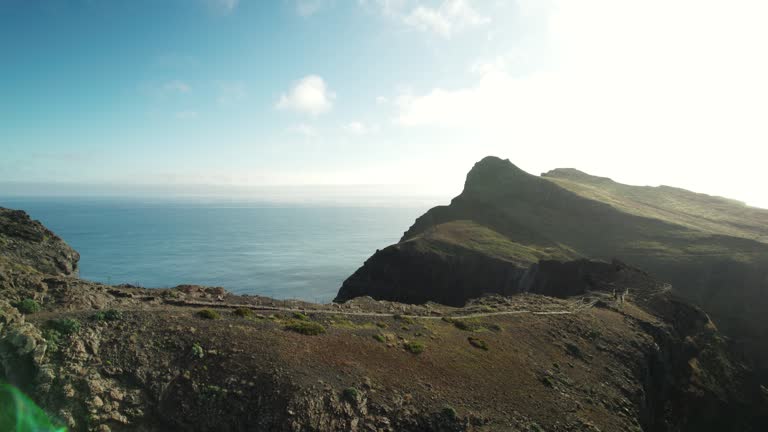 Aerial View of Wild Island Coastline, Hiking Path and Calm Ocean