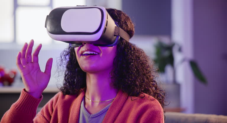 Woman, future and VR technology with streaming for gaming, digital transformation and metaverse. Home, female person and simulation for augmented reality with neon, high tech and user experience