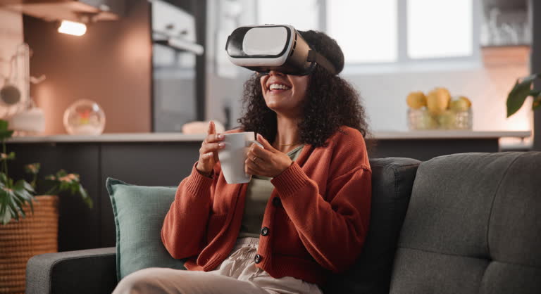 Woman, laughing and VR technology in home for gaming, digital transformation and metaverse. Female person, happy and simulation for augmented reality with high tech, future and user experience