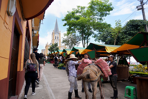 Two muleteers unload their goods while a vendor from the farmer's market greets them. Tourists and locals visit the market.