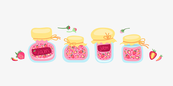 Set of strawberry jams in glass jars in cartoon style. Tidy vector set isolated on a white background. Cute collection summer stickers.