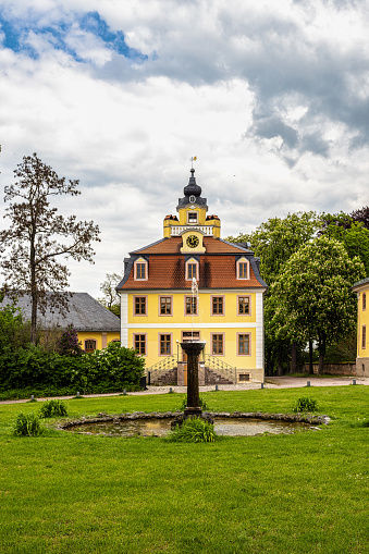 Weimar, Germany - May 12, 2023: Castle Belvedere near Weimar Thuringia Germany is a elegant summer residence dating from 18th century. View from the Castle park.