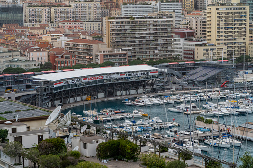 Monaco, Monaco. March 29, 2024. Marina and building with grandstands mounted along the city with the letters welcome to monaco, for the formula 1 race.