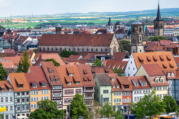Erfurt, Germany - May 13, 2023: Erfurt Cathedral and Severikirche, St Severus's Church from the Petersberg Citadel, Erfurt, the capital and largest city in Thuringia, Germany.