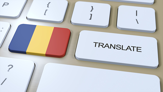 Translate Romanian Language Concept. Translation of word. Button with Text on Keyboard. 3D Illustration.
