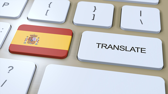Translate Spanish Language Concept. Translation of word. Button with Text on Keyboard. 3D Illustration.