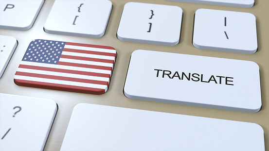 Translate American English Language Concept. Translation of word. Button with Text on Keyboard. 3D Illustration.