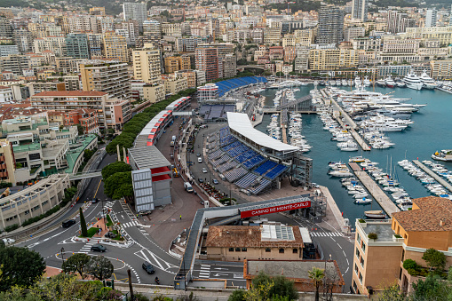 Monaco, Monaco. March 29, 2024. Marina area, La Rascasse curve, pit lane, swimming pool, tabac and finish straight area of the Monaco circuit in full assembly seen from above.