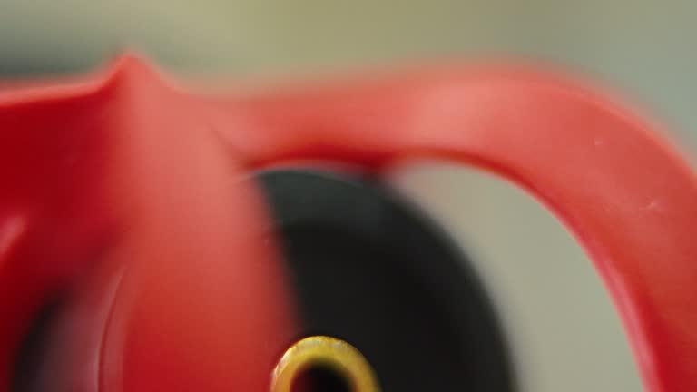 Macro shot of a shotgun microphone, PL input, red mic back side, camera gear, sound record equipment, slow motion 120 fps, Full HD, smooth crane movement