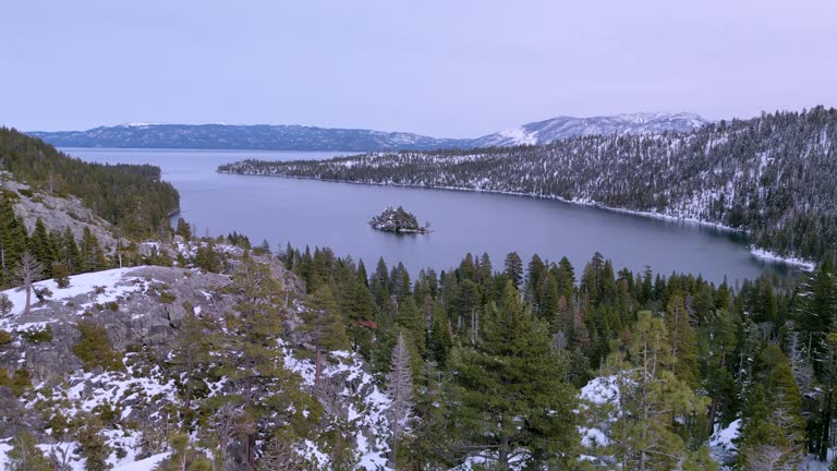 Aerial view of Emerald Bay, Lake Tahoe, California in winter