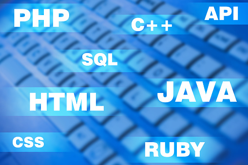 Background with programming languages. Name of programming language on keyboard. Work in IT industry. Internship at IT startup. Website development in PHP and HTML. Ruby Developer. Creating site Java
