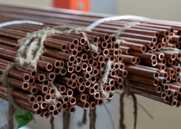 Many copper pipes, warehouse copper plates . High quality photo