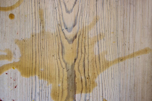 Coffee stains on white wooden table. Wood texture background. Big dark brown dramatic Splatter, fleck, splash, spot, drops of black coffee. Pattern, wallpaper. Top view.  Closeup. Copy space.
