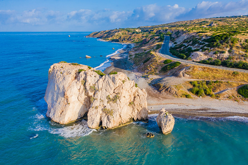 Cyprus. Bay Of Aphrodite. View from the sea on the rock of Aphrodite. Petra Tou Romiou. Mediterranean sea. Sea cliff. Pathos. Kuklia. Beaches in Cyprus. coast of Cyprus. Mediterranean landscape.