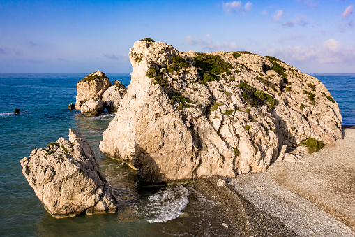 Cyprus. Rock Of Aphrodite. the mediterranean coast. Petra tou Romiou. Aphrodite's rock close-up. Travelling to Paphos. Attractions Of Cyprus. Rocks off the Mediterranean coast.