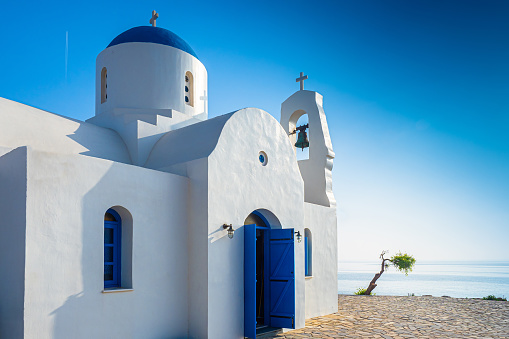 Republic of Cyprus. Protaras. The Church of St. Nicholas in Protaras. Orthodox temple Agios Nikolaos on the seaside. Paralimni. Shrines Of Cyprus. Travel sightseeing in Cyprus.