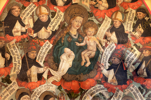 Bern - The detail of fresco of Madonna among the Dominican sanits in the church Franzosichche Kirche by anonym Nelkenmeister (1495-1500).