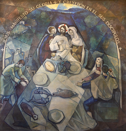 Barceloan - The fresco The miracle at the wedding at Cana in church Santuario Maria Auxiliadora i Sant Josep by Fidel Trias Pages and Raimon Roca